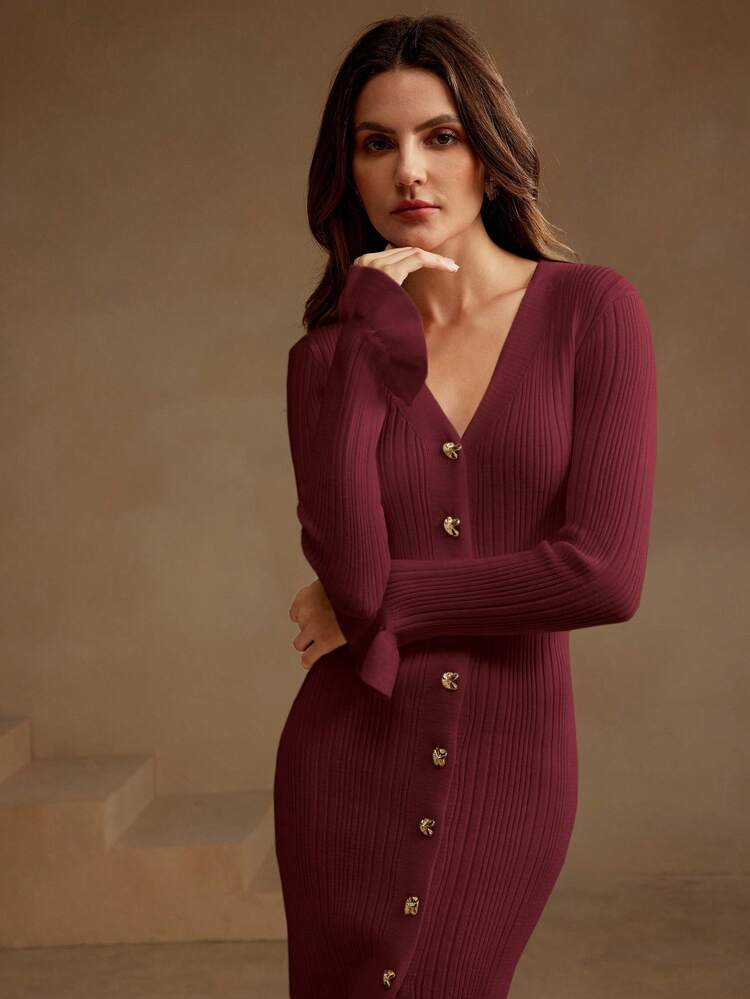 Elegant Solid Color V-Neck Long Sleeve Fitted Maxi Dress With Frill Trim And Side Slit For Women, Autumn/Winter
