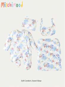SHEIN 2pcs Set Baby Boys Cute Bear Print Long Sleeve Pajama Jumpsuit With Shoulder Wrap Casual Outfit