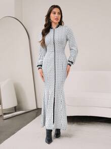 Mulvari Women Striped Collar Zip Front Long Sleeve Dress, Fashionable For Autumn