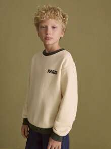 SHEIN Tween Boys Paris 文字印花宽松拼色圆领长袖运动衫，休闲运动风格，秋冬 - 黃色 - 查看 5