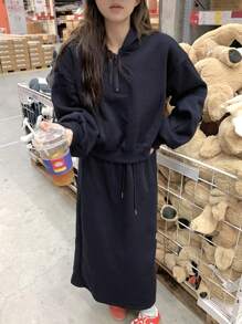 DAZY 2pcs/Set Women's Loose Drop Shoulder Solid Color Hoodie And Skirt Suit, Autumn/Winter