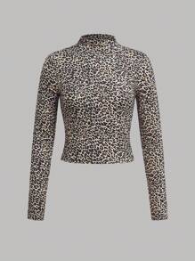 SHEIN Compra 1 Obtén 3 Camiseta versátil de manga larga con cuello alto estilo leopardo en negro y blanco para adolescentes