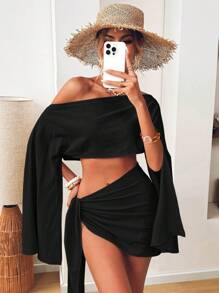 SHEIN VCAY Casual Solid Woven Off-Shoulder Cropped Top & A-Line Skirt 2 Pieces Set For Women - Black - View 2