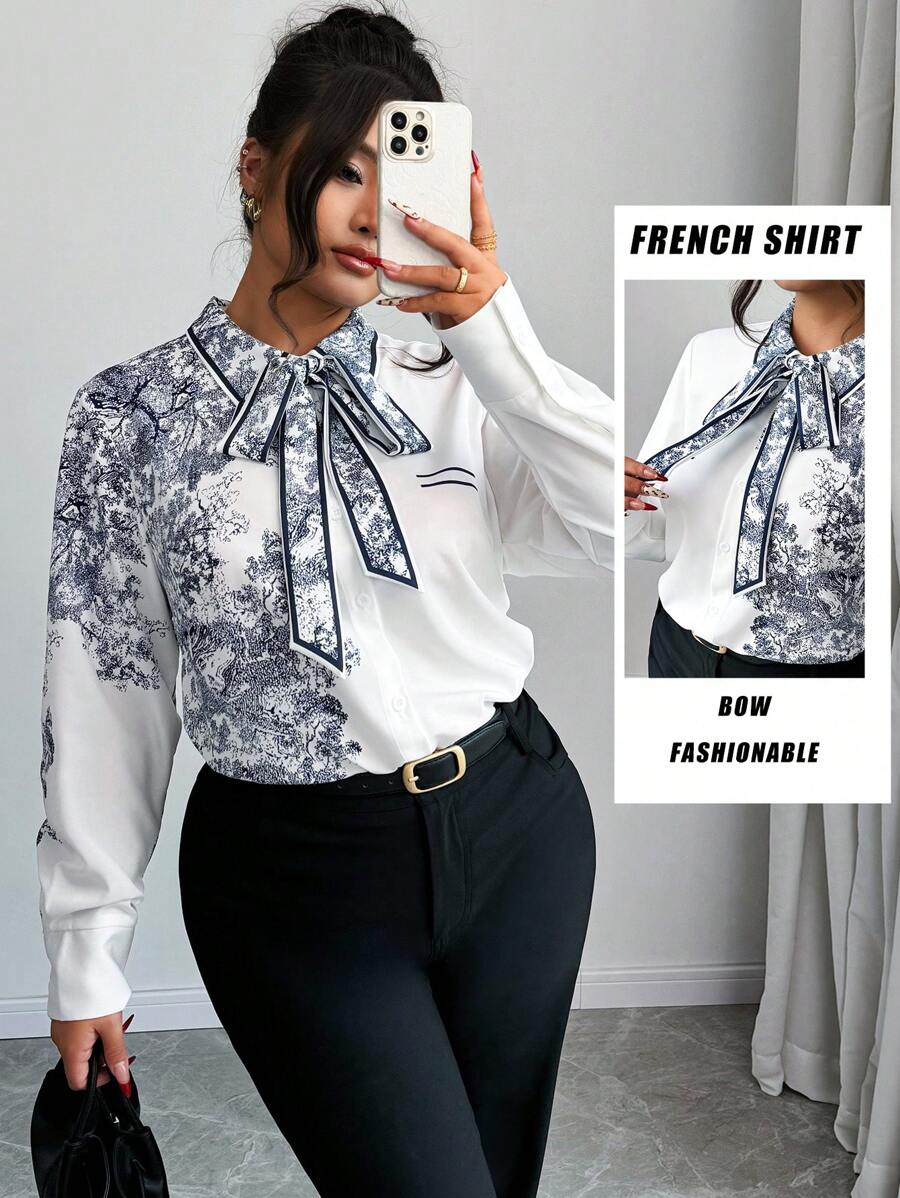 Elenzga 1pc Plus Size Women Plant Print Long Sleeve Tie Neck Elegant Shirt, Autumn Fall Cloth For Women - Blue and White - View 1