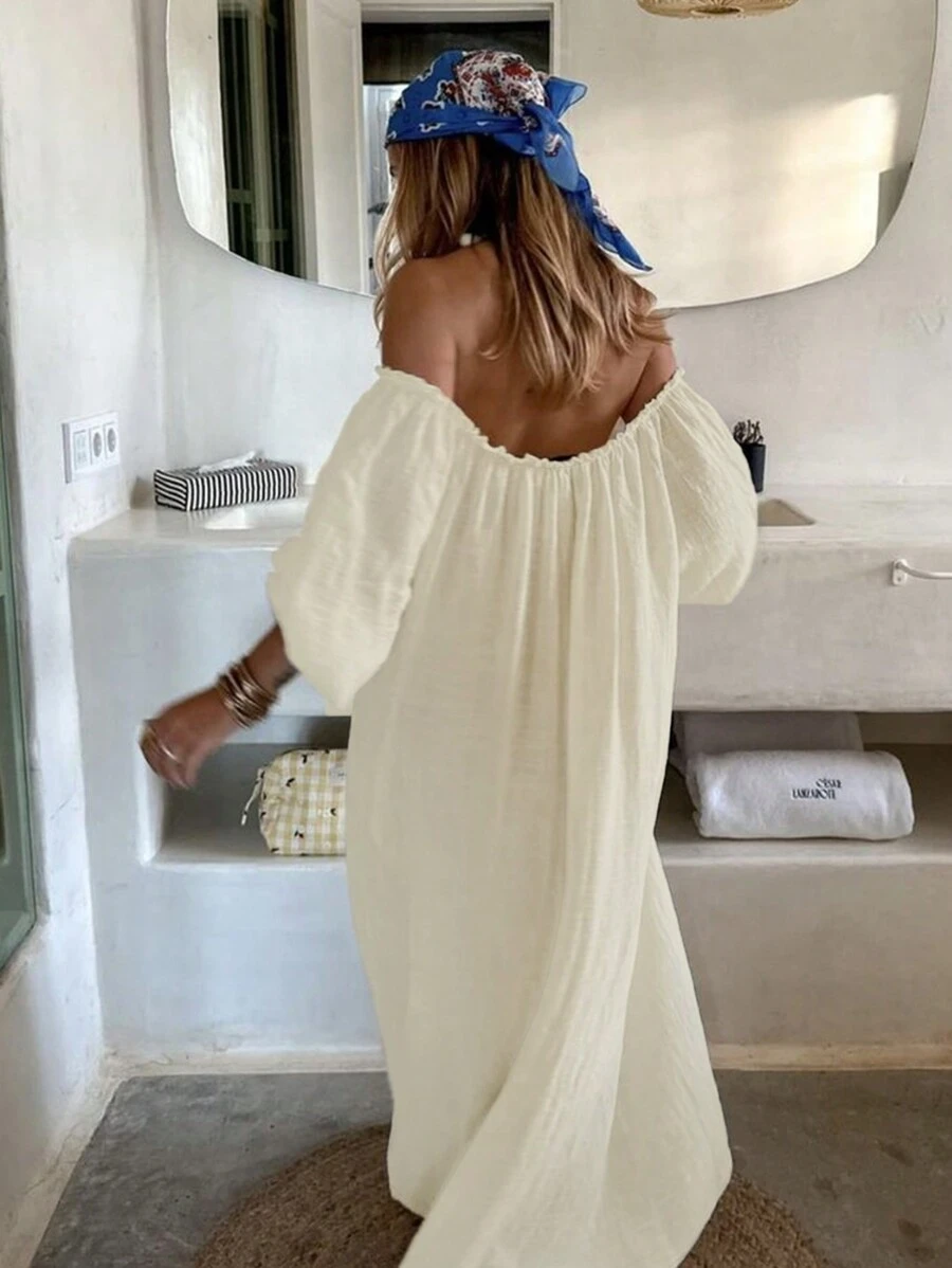 INAWLY Women Vacation Casual Solid Color Off Shoulder Dress Fall Cloth For Women - Apricot - View 1