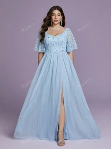 Plus Size Mgiacy Lace Mesh Sleeve Beaded Strapless Front Slit High-End Evening Dress,Party Dress,Prom Dress