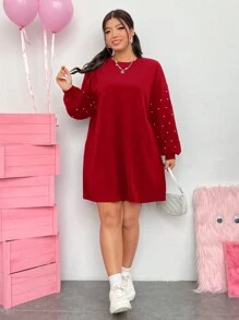 SHEIN EZwear Women's Plus Size Drop Shoulder Loose Fit Red Dress - Red - View 4