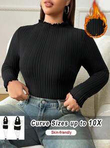 SHEIN CURVE+ Plus Size Women Black High Neck Long Sleeve T-Shirt, Autumn Base Layer Top
