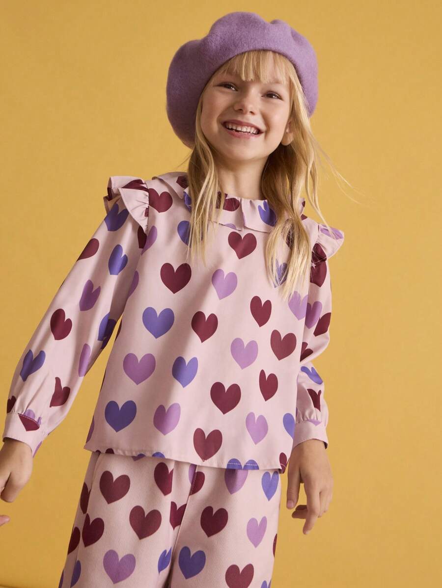 SHEIN Young Girl Casual Everyday Wear Ruffle Hem Heart Print Round Neck Long Sleeve Blouse, Autumn/Winter, Pink - Pink - View 1
