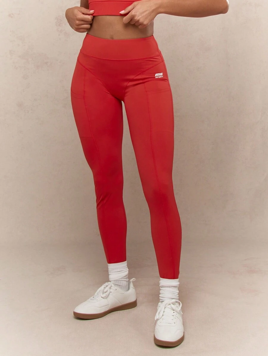 MISSGUIDED High Waist Sports Leggings With Side Pockets Workout Fitness Running Compression Athletic Yoga Pants Moisture Wicking Training Sportswear - Red - View 1