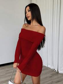 Flirla 优雅纯色露肩翻领修身迷你毛衣连衣裙，秋季新年衣服 - 紅色 - 查看 4