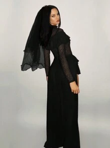 SHEIN ICON Ladies V-Neck Lace Mesh Layered Asymmetrical Hem Casual Dress - Black - View 2