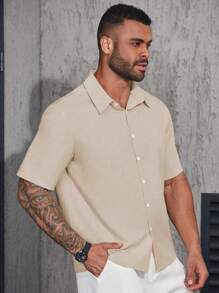 Manfinity Homme Áo sơ mi tay ngắn rộng rãi màu trơn cỡ lớn cho nam - Màu be - Xem 5