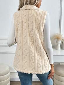 SHEIN LUNE 女士毛绒无袖西装领休闲夹克，常规款式，适合秋冬季 - 米色 - 查看 2