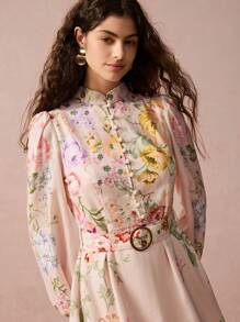 Enchnt Spring/Summer Romantic Women  Romantic Floral Printed Front Button Stand Collar Elegant Lantern Long Sleeve Dress,Sweet&Elegant Outfit For Sweet Date Night &Wedding Guest Dress Women &Holiday & Graduation Dress&Daily Commuting&Vacation&Garden Parties & Concert Outfit Women - Apricot - View 3
