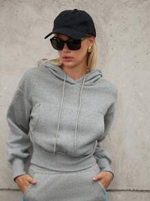 Tropiluxe Women's Autumn/Winter New Hooded Drawstring Oversized Pocket Short Fleece Sweatshirt Sportwear For Daily Wear