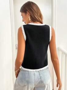 SHEIN Frenchy Women's Black And White Color Block Shell Hem Knot Front Sleeveless Brushed Knit Top,Casual Elegant Summer Brunch Contrasting Bowknot Jumper Top - Black and White - View 2