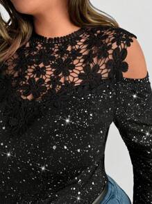 SHEIN Clasi Camisa ajustada de hombros caídos con encaje de contraste, elegante para otoño, talla grande