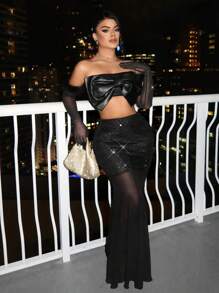 SHEIN SXY Sexy Sheer Black Sequin Fish Tail Skirt, Autumn/Winter - Black - View 4