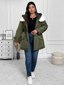 SHEIN LUNE Plus Size  Fur Collar Hooded Insulated Parka - Army Green - View 5