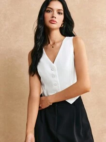 Poéselle 夏季度假婚礼季，休闲波西米亚风纯色简约垂褶V领无袖西装外套，饰有装饰纽扣，优雅浪漫，可爱上衣，短款女装，白色必备单品，夏季婚礼季必备，秋冬季田园风 - 白色 - 查看 7