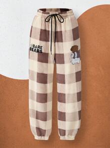 We Bare Bears X SHEIN Men's Casual Embroidered Cartoon Bear & Letter Gingham Print Flannel Drawstring Waist Jogger Pants, Autumn/Winter