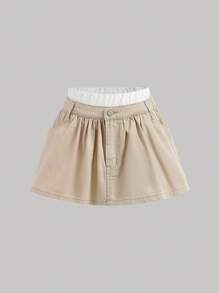 SHEIN 少女卡其色牛仔布拼布白色双腰带荷叶边下摆迷你裙 - 卡其色 - 查看 1