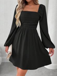 EMERY ROSE Đầm xòe tay đèn lồng màu trơn đơn giản cho nữ, mùa thu - màu đen - Xem 7
