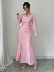 Elenzga 2 件套：女士优雅纯色收腰扭纹前衬衫和无腰带鱼尾中裙 - 粉色 - 查看 5