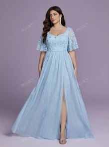 Plus Size Mgiacy Lace Mesh Sleeve Beaded Strapless Front Slit High-End Evening Dress,Party Dress,Prom Dress