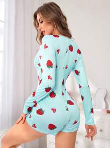 Women Strawberry Heart Print Button Front Long Sleeve Romper Pajamas, Suitable For Summer And Autumn