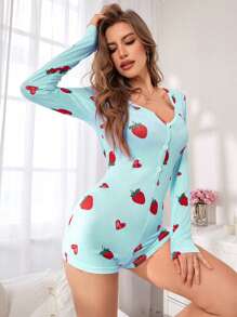 Women Strawberry Heart Print Button Front Long Sleeve Romper Pajamas, Suitable For Summer And Autumn