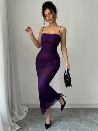 Rafferiza 1 件优雅双层蕾丝和网眼印花紫色吊带背心连衣裙长款女装紫色长裙紫色连衣裙女款紫罗兰色连衣裙