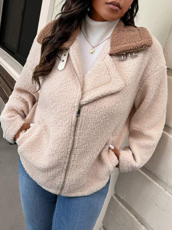 SHEIN Frenchy Plus Size Casual Patchwork Fluffy Motorcycle Jacket