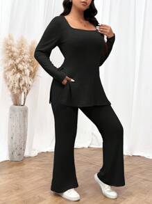 SHEIN Frenchy Plus Size Textured Stripe Open Neckline Long Sleeve T-Shirt And Straight Leg Pants Two Pieces Outfits