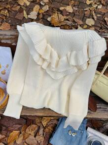 SHEIN Privé Suéter holgado de punto con cuello en V con volantes, color albaricoque, talla grande para mujer, elegante estilo francés, grueso y cálido, nueva colección de otoño/invierno