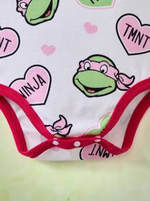 TEENAGE MUTANT NINJA TURTLES | SHEIN 2 件装女婴可爱甜美休闲蝴蝶结头带和白色卡通龟心印花长袖撞色连体衣套装，适合圣诞节 - 白色 - 查看 5