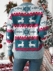 SHEIN LUNE Women Reindeer Pattern Round Neck Drop Shoulder Long Sleeve Pullover Sweater, Autumn/Winter - Teal Blue - View 2