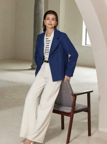 SHEIN Privé Minimalist Commuting Versatile Short Loose Blazer Style Long Sleeve Jacket With Elegant Look Fall Cloth For Women - Navy Blue - View 5