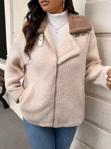 SHEIN Frenchy Plus Size Casual Patchwork Fluffy Motorcycle Jacket