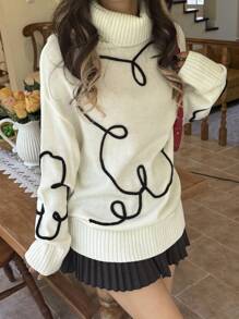 SHEIN Unity 女士休闲印花高领落肩宽松毛衣，针织套头衫，秋冬款 - 杏色 - 查看 4