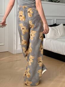 DAZY Pantalones de pijama rectos con estampado de oso de peluche