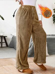 SHEIN LUNE Quần dài ống rộng màu trơn có dây rút eo thường ngày cỡ lớn, thích hợp cho mùa thu đông - Cà phê nâu - Xem 1