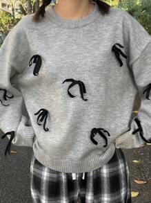 FRIFUL Jersey holgado de punto con decoración de lazo, apropiado para otoño/invierno, para mujer