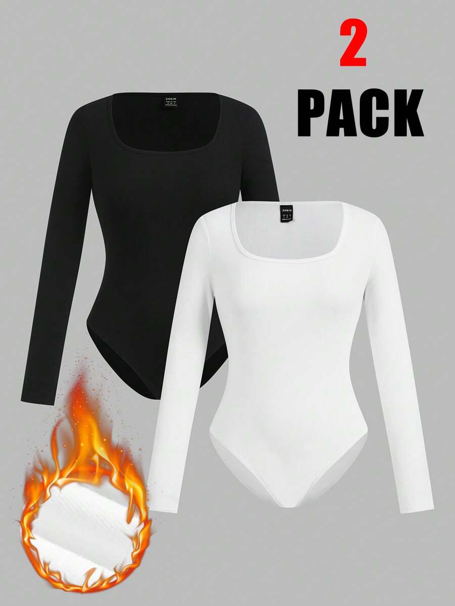 SHEIN EZwear 2 件套女士针织保暖内衬纯色高领长袖紧身衣套装 - 黑與白 - 查看 1