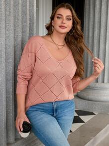 SHEIN LUNE Áo len dệt kim họa tiết hình thoi trơn, cỡ lớn, kiểu dáng thường ngày, thích hợp cho mùa thu/đông, ngày lễ tình nhân và các dịp lễ khác. - Bụi hồng - Xem 6