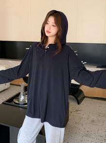 DAZY 女式秋季长袖蝴蝶结条纹装饰半扣连帽 T 恤，秋季女装 - 藏蓝色 - 查看 4