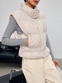 EastFlair Women High Collar Zipper Pocket Sleeveless Winter Padded Vest Jacket - Grey - View 4