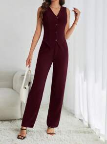 SHEIN Tall Women's Solid Color Single Breasted Vest And Pants Casual Business Suit Set In Fall/Winter