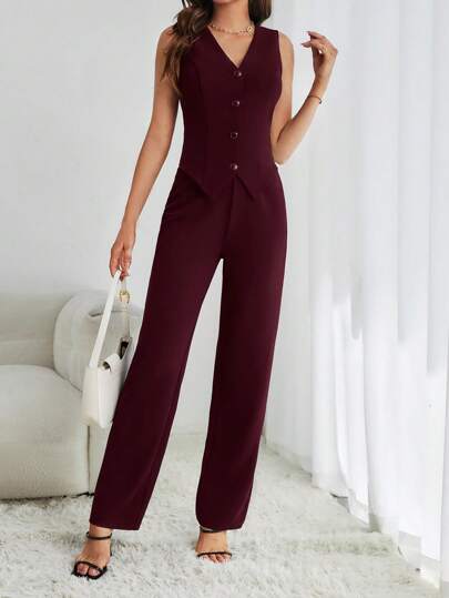 SHEIN Tall 女士纯色单排扣背心和裤子休闲商务套装秋冬